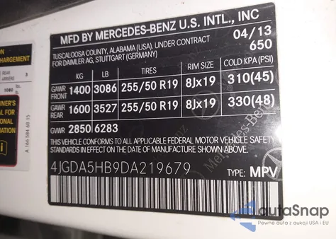 2013 Mercedes-Benz Ml 350 4Matic из США, поврежденный, VIN 4JGDA5HB9DA219679